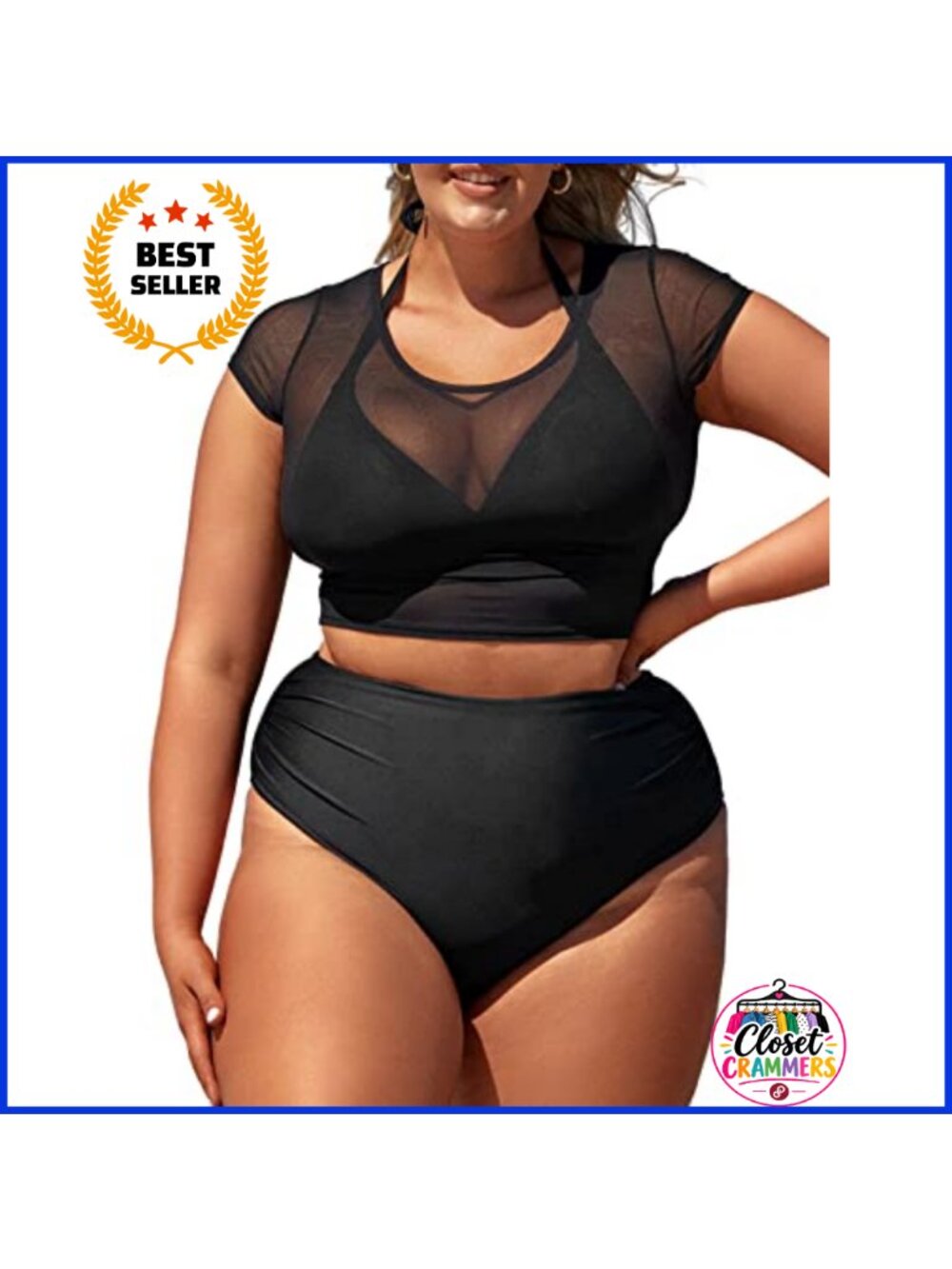 Plus Size High Waisted 3 Piece Bikini Set Halter Ruched Mesh Top
